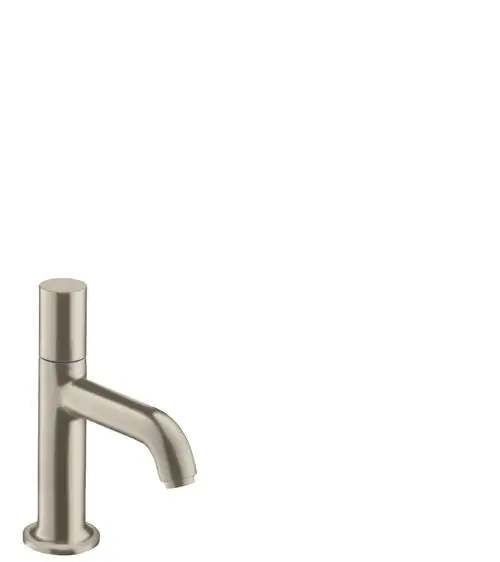 Standventil in brushed nickel-Finish von AXOR, mit schlanker, zylindrischer Form und einem gebogenen Auslauf. Keine Ablaufgarnitur vorhanden.